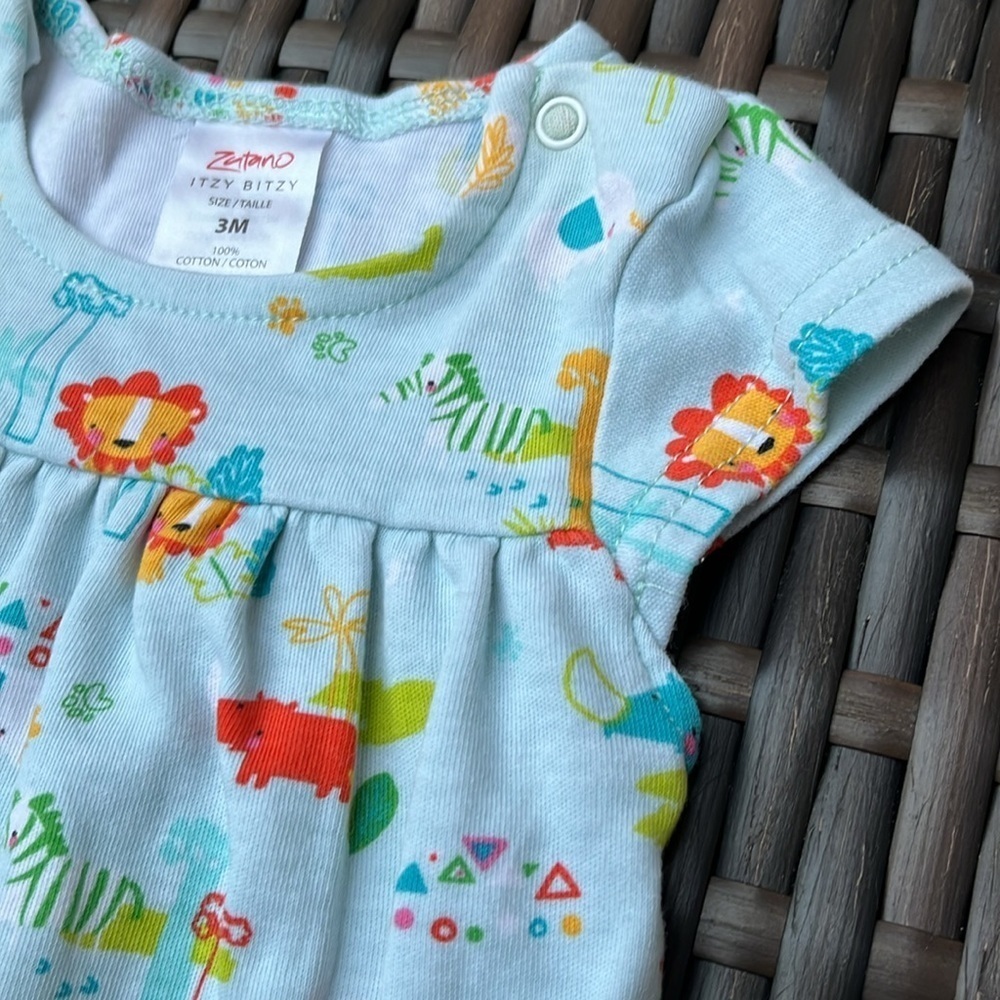 ZUTANO Infant 3mo Short Sleeve Romper Safari Zoo Animals Cotton Unisex Blue EUC - Picture 3 of 6